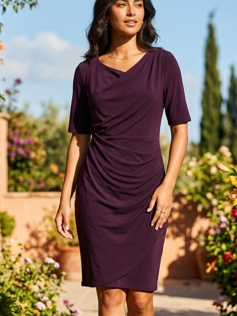 Connected Apparel Deep Plum Ruched Sheath Dress Size 6P